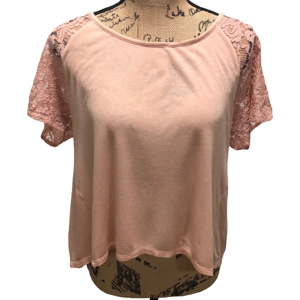 {Victoria's Secret} Mixed Media Boatneck Partial Lace  Short Sleeve Blou…